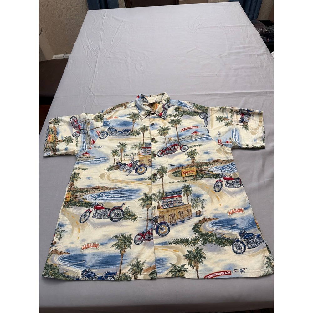 Go Barefoot Mens XL Hawaiian Shirt Motorcycle Beach Print Cotton/Rayon USA Made